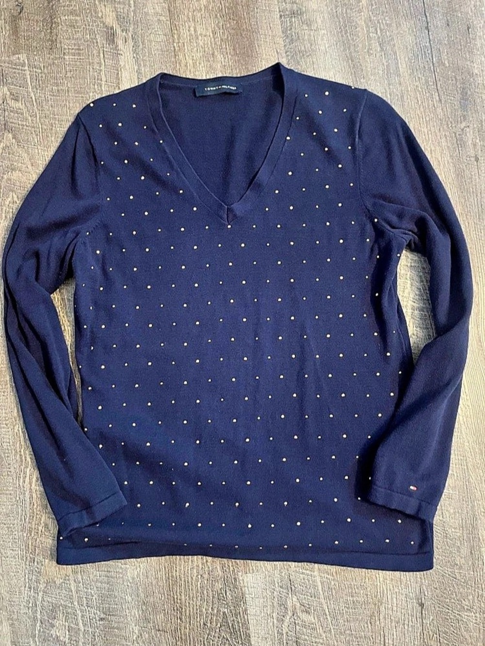 Tommy Hilfiger Women’s Large Polka Dot along Sleeve Top Sweater in Navy Blue